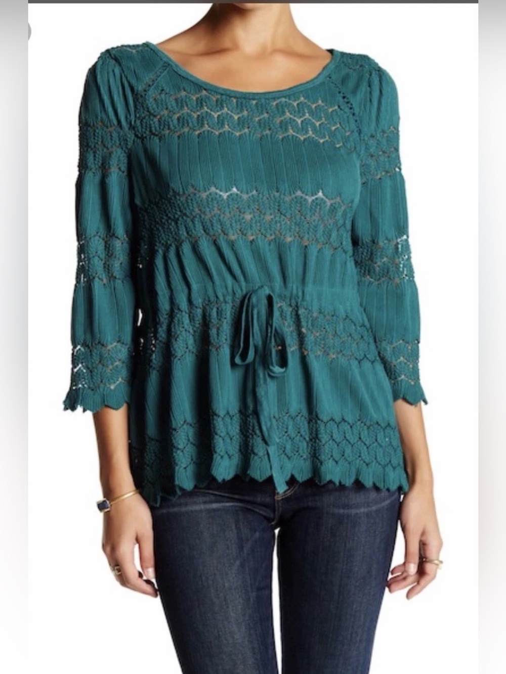 Free People Fire Island Crochet Lace Peplum Blouse Green Small